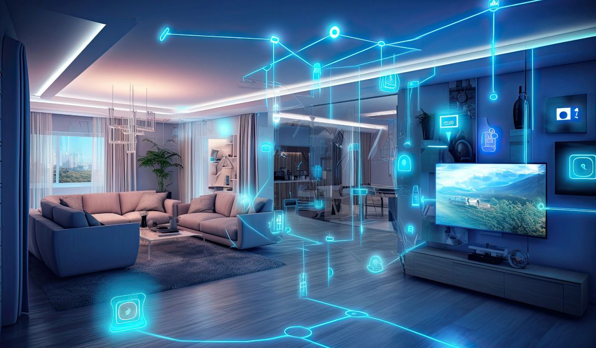 Modernes Wohnzimmer mit vernetzter Smart Home Steuerung